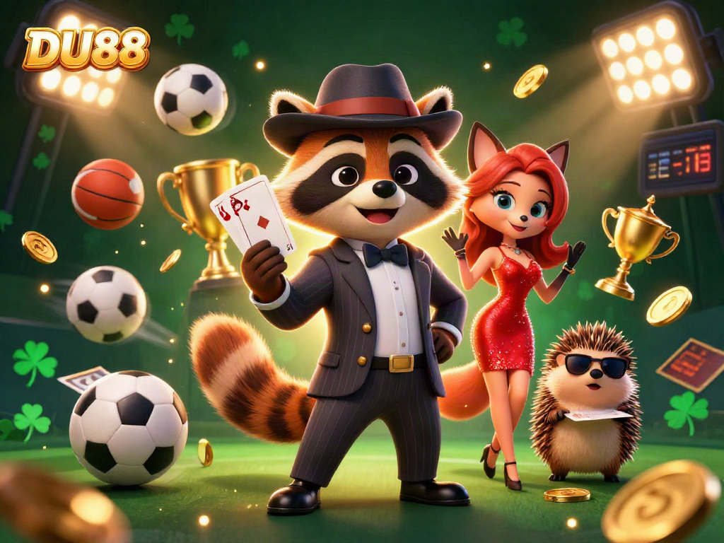 Experience thrilling bets with DU88 at a vibrant casino scene with charming animal characters.