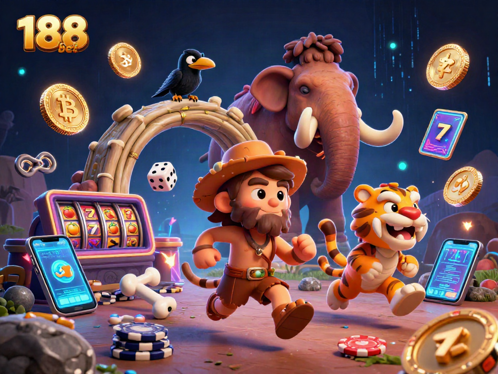 Engage in exhilarating slots at 188 bet's vibrant prehistoric casino featuring dynamic characters.