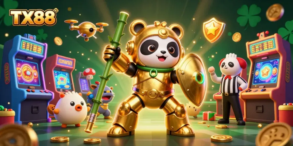 Experience the thrill of TX88 as the golden panda battles with vibrant slot elements and cheers from animal fans.