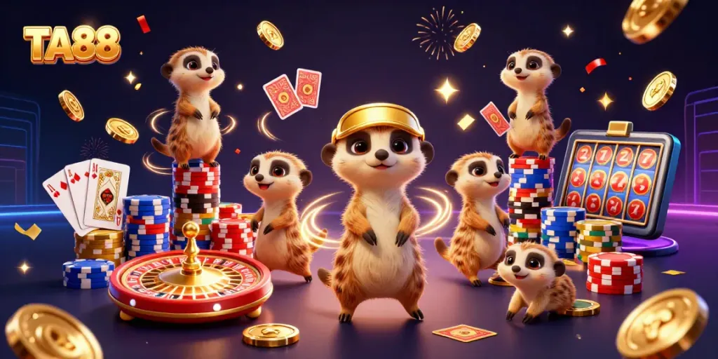 TA88 meerkats run a vibrant casino with chips, coins, and roulette for fun gaming!