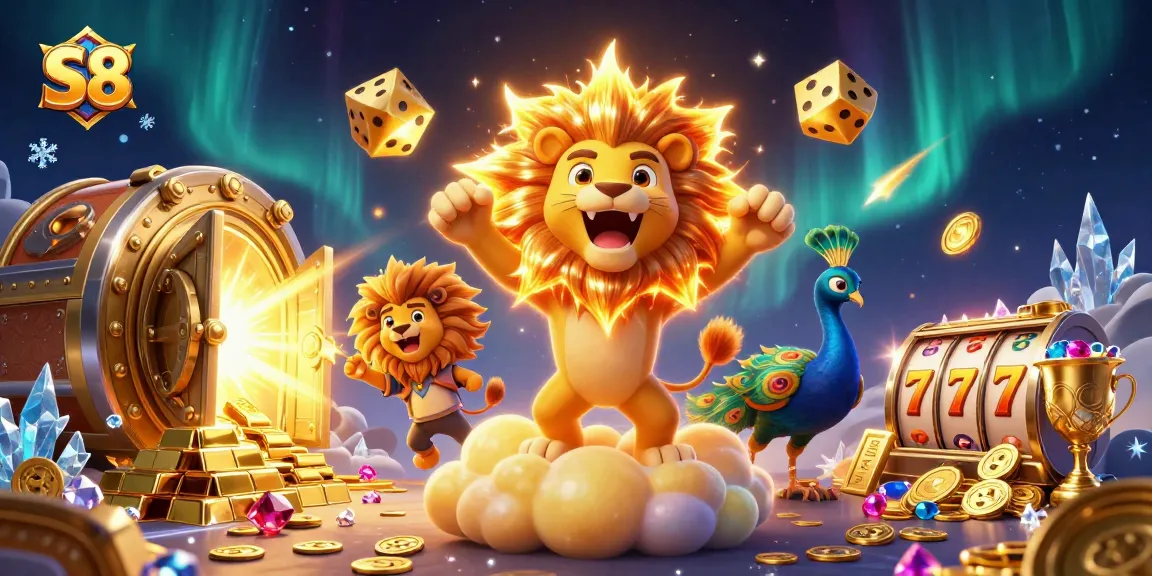 S8 slots scene with a roaring lion, tumbling dice, and vibrant casino elements