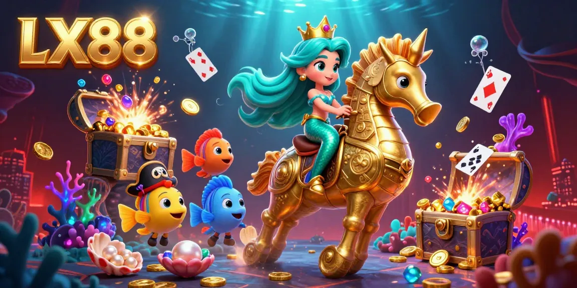 Experience the fun of LX88 gaming with cartoon characters in a vibrant casino underwater scene.