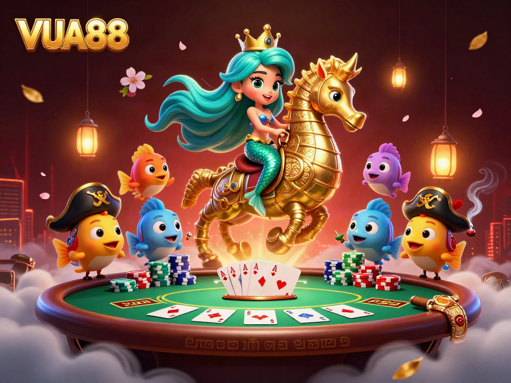 VUA88 showcases the vibrant energy of online casino gaming with mermaid-themed illustration.