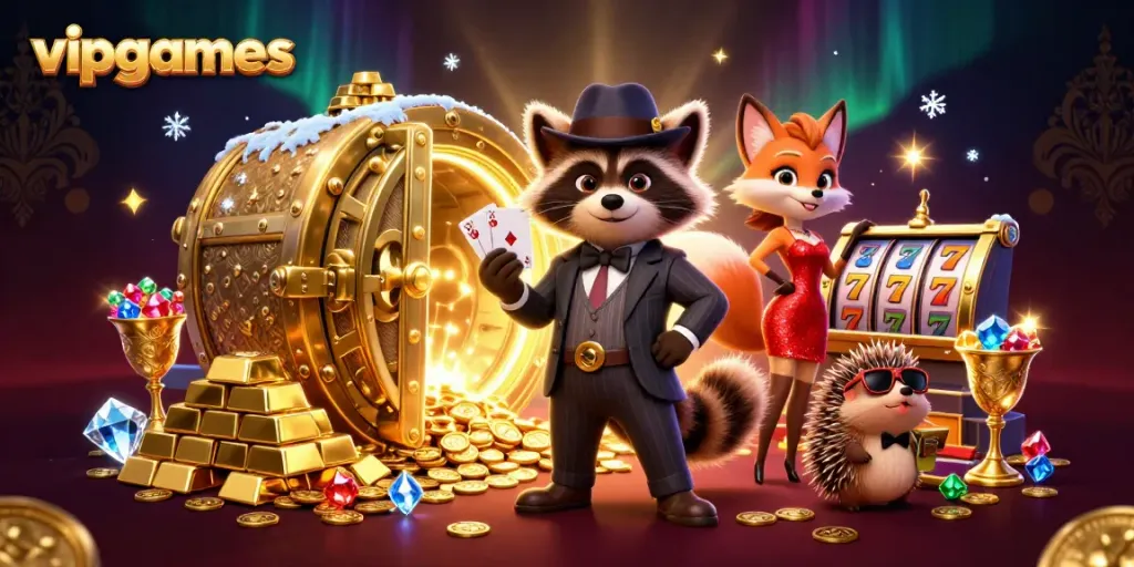 Experience the thrill of vipgames with a suave raccoon, glamorous fox, and playful hedgehog in a vibrant casino-themed scene.