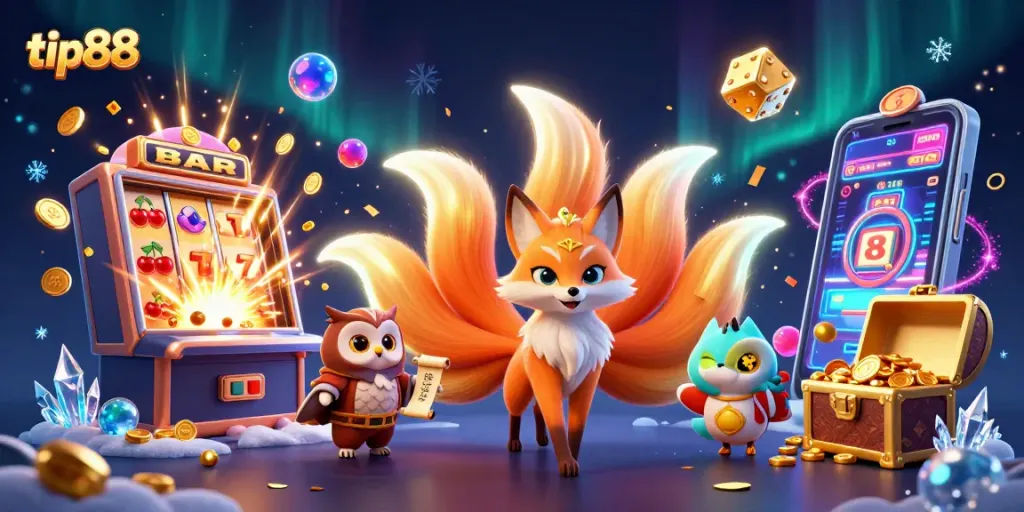Experience the thrill of gaming with tip88's vibrant casino scene showcasing a nine-tailed fox and wise owl surrounded by slot machine excitement.