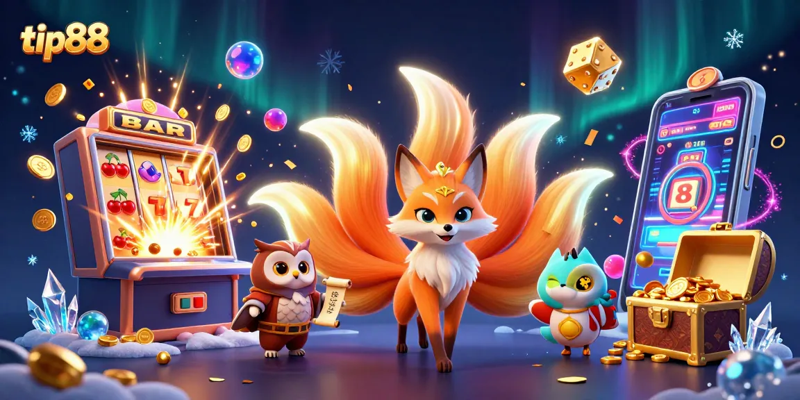 Experience the thrill of gaming with tip88's vibrant casino scene showcasing a nine-tailed fox and wise owl surrounded by slot machine excitement.