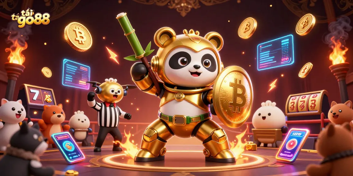 Win big with tải go88 in this vibrant 3D casino illustration featuring a golden panda and slot elements.
