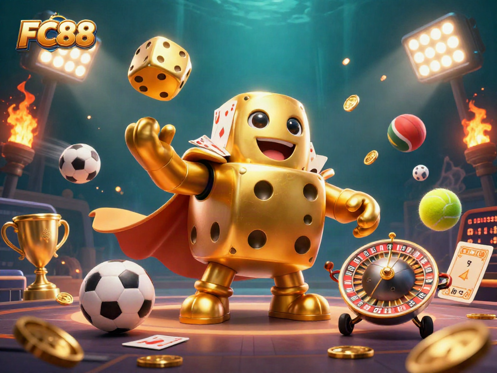 Experience thrilling wins with FC88's immersive casino gaming scene featuring energetic characters.