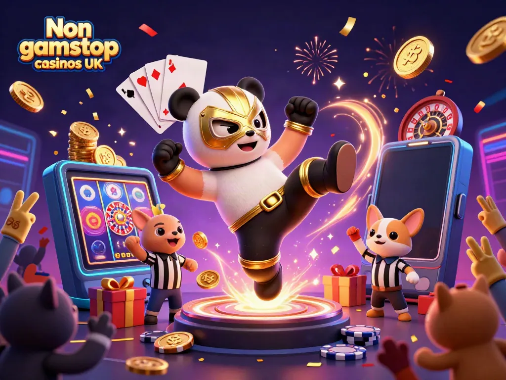 Exciting scene of Non gamstop casinos UK, featuring a panda wrestler and playful animal crowd