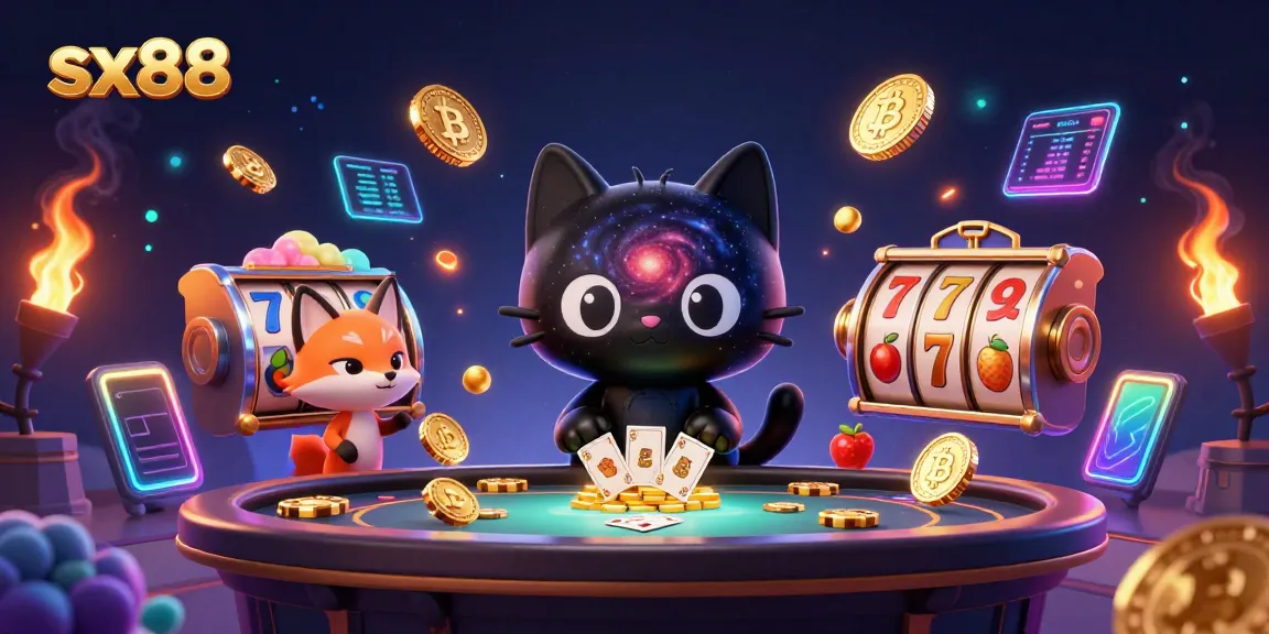 Experience the cosmic casino fun with sx88, featuring whimsical cat and fox characters pulling in golden chips.