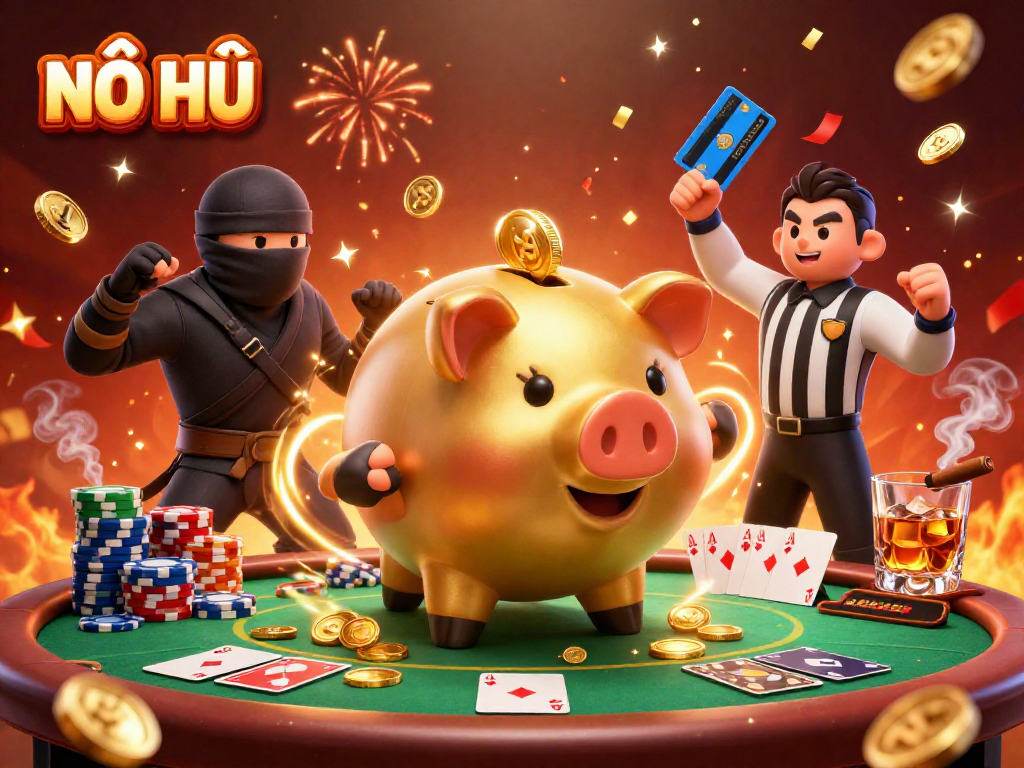 NỔ HŨ jackpot excitement illustrated with a golden piggy bank sumo wrestler and casino elements.