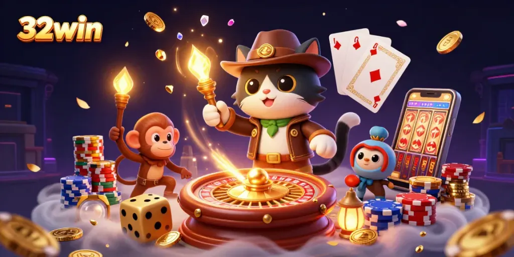 Engage with 32win's thrilling casino adventure, featuring a curious cat and his monkey companion exploring treasure.