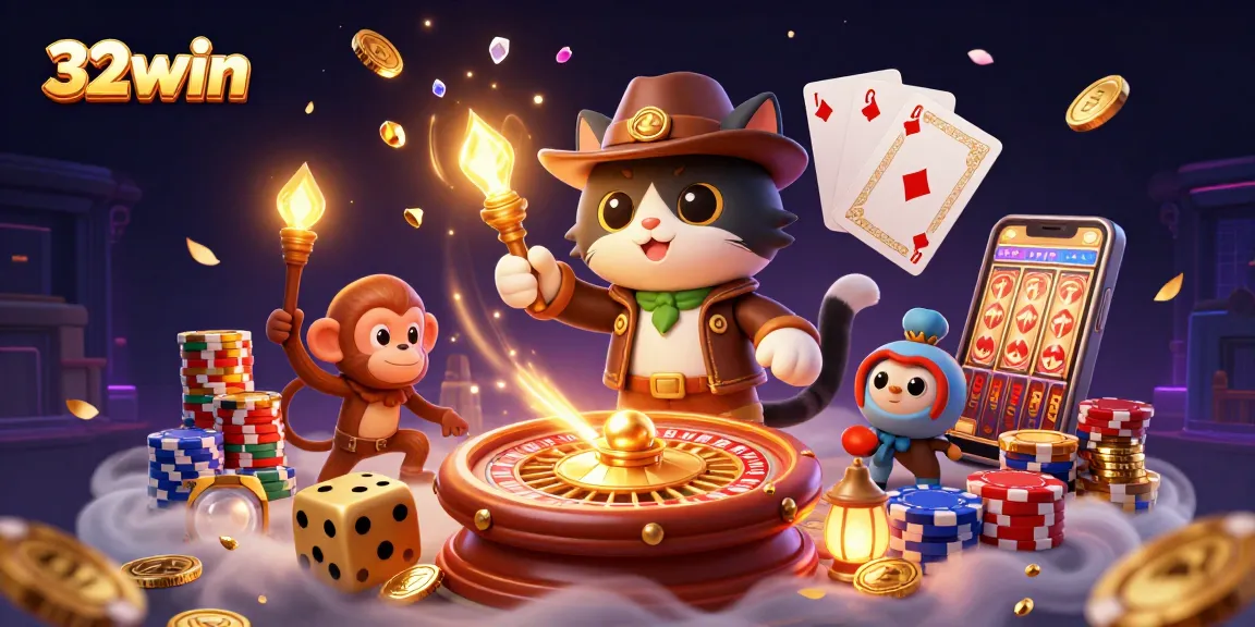 Engage with 32win's thrilling casino adventure, featuring a curious cat and his monkey companion exploring treasure.