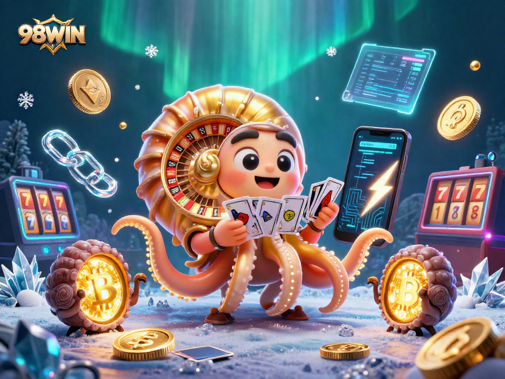 Experience thrilling 98WIN gaming with vibrant 3D illustration of a giant nautilus and crypto elements.