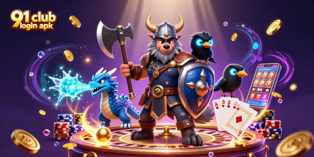 Experience the thrilling action of 91 club login apk with a dynamic scene featuring a wolf warrior, dragon, and vibrant casino elements.
