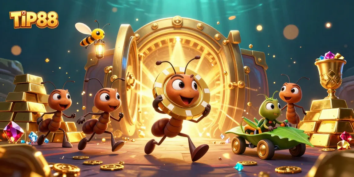 Watch the TIP88 team of ants heist a giant poker chip amidst treasures in this vibrant scene.