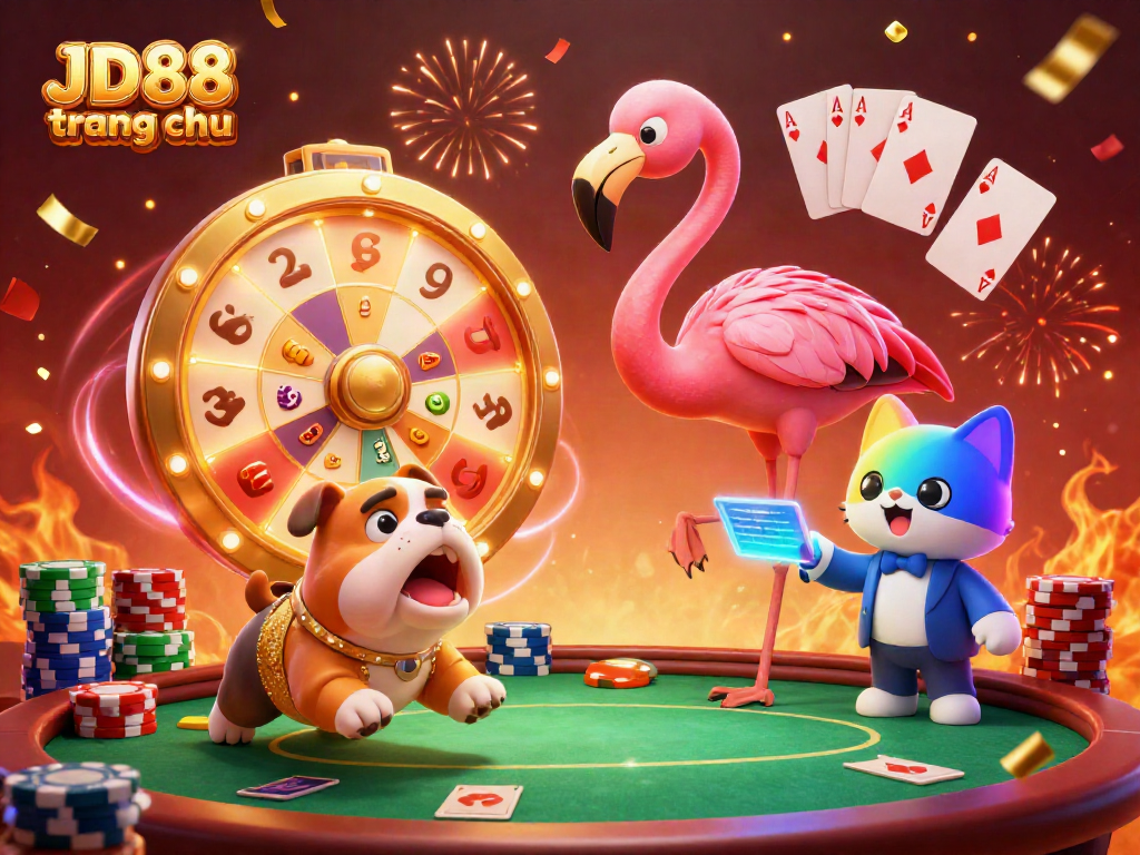 Experience JD88 trang chu excitement with vibrant casino characters and dynamic gaming elements in a celebration atmosphere.