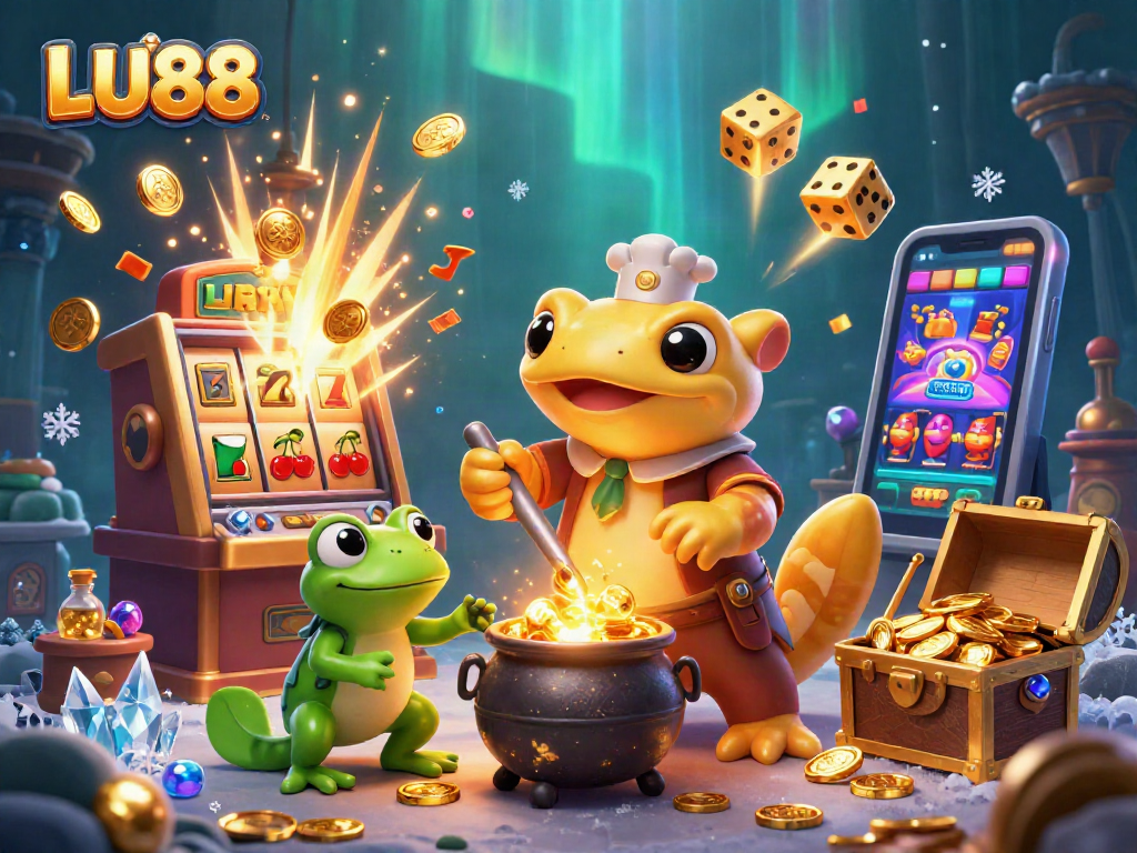 Engage in thrilling LU88 gameplay with a vibrant 3D illustration of an alchemist creating gold coins.