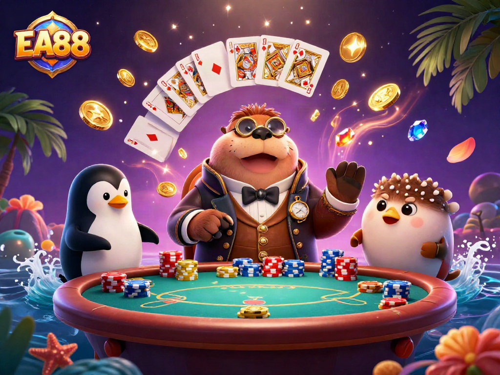 Experience the thrill of EA88 with a jolly walrus playing poker underwater amidst dazzling casino elements.