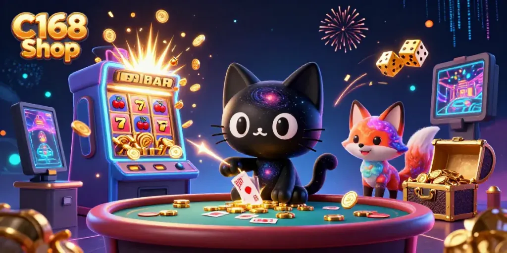 Experience the thrill of gaming at C168 Shop with vibrant casino elements and characters!