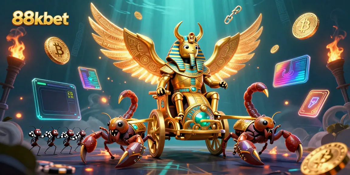 Engage in thrilling gameplay at 88kbet, featuring a golden scarab beetle and vibrant crypto elements.