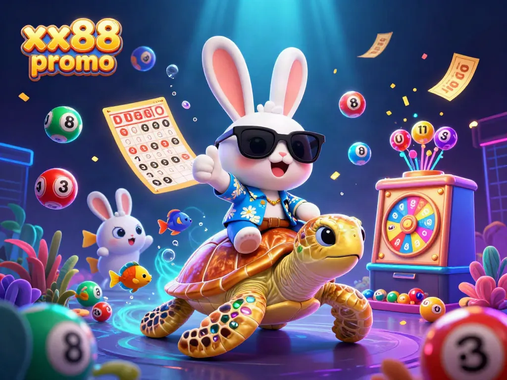 Play with vibrant lottery elements and a cartoon rabbit in the exciting xx88 promo scene.