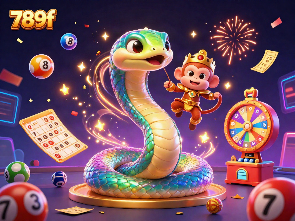 Engage in vibrant gaming fun with 789f as a colorful rainbow serpent and playful monkey king celebrate a dynamic casino scene.