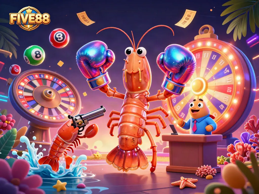 Engage with FIVE88's dynamic gaming experience through lottery and casino fun with vibrant characters and elements.