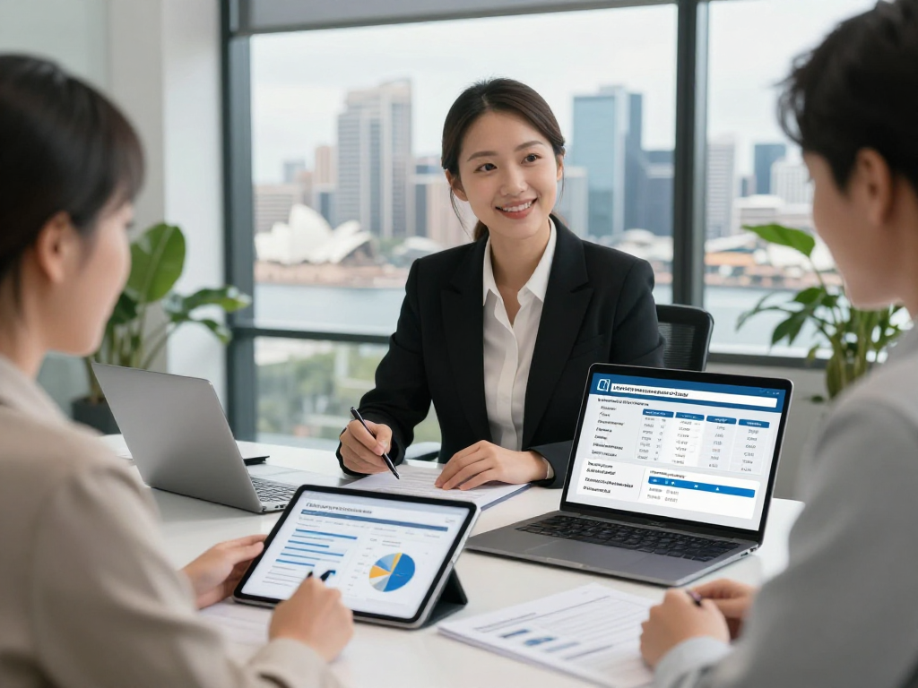 Property manager discussing property management fees sydney with a client in a modern Sydney office.