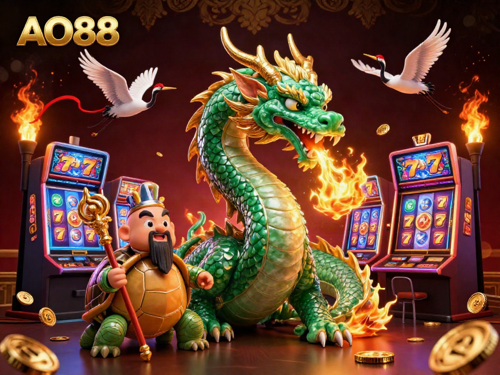 Engage in thrilling gameplay at AO88 with vibrant casino characters and glowing slot machines.