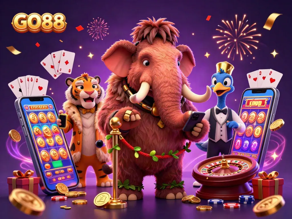 Experience the vibrant GO88 casino scene with a mammoth bouncer, saber-tooth guest, and dodo doorman.