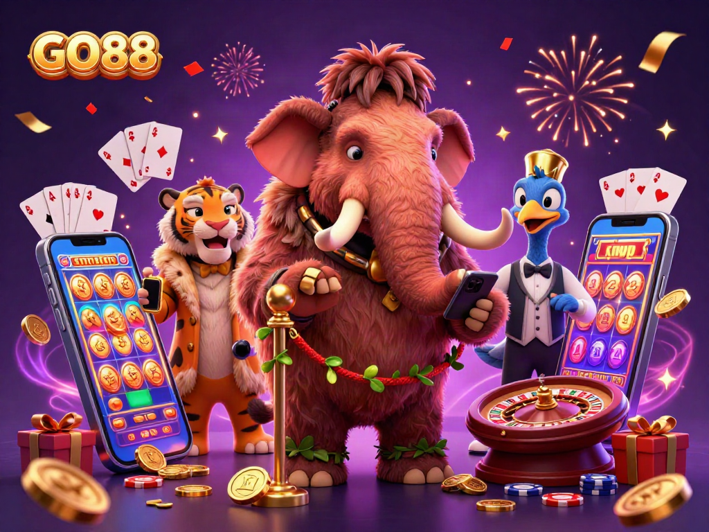 Experience the vibrant GO88 casino scene with a mammoth bouncer, saber-tooth guest, and dodo doorman.