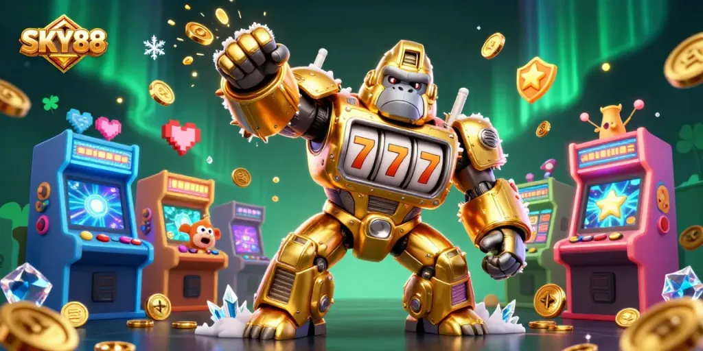 Experience thrilling gaming with SKY88 as the golden mech unleashes coins in a vibrant casino world.