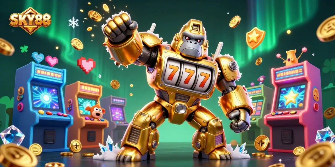 Experience thrilling gaming with SKY88 as the golden mech unleashes coins in a vibrant casino world.