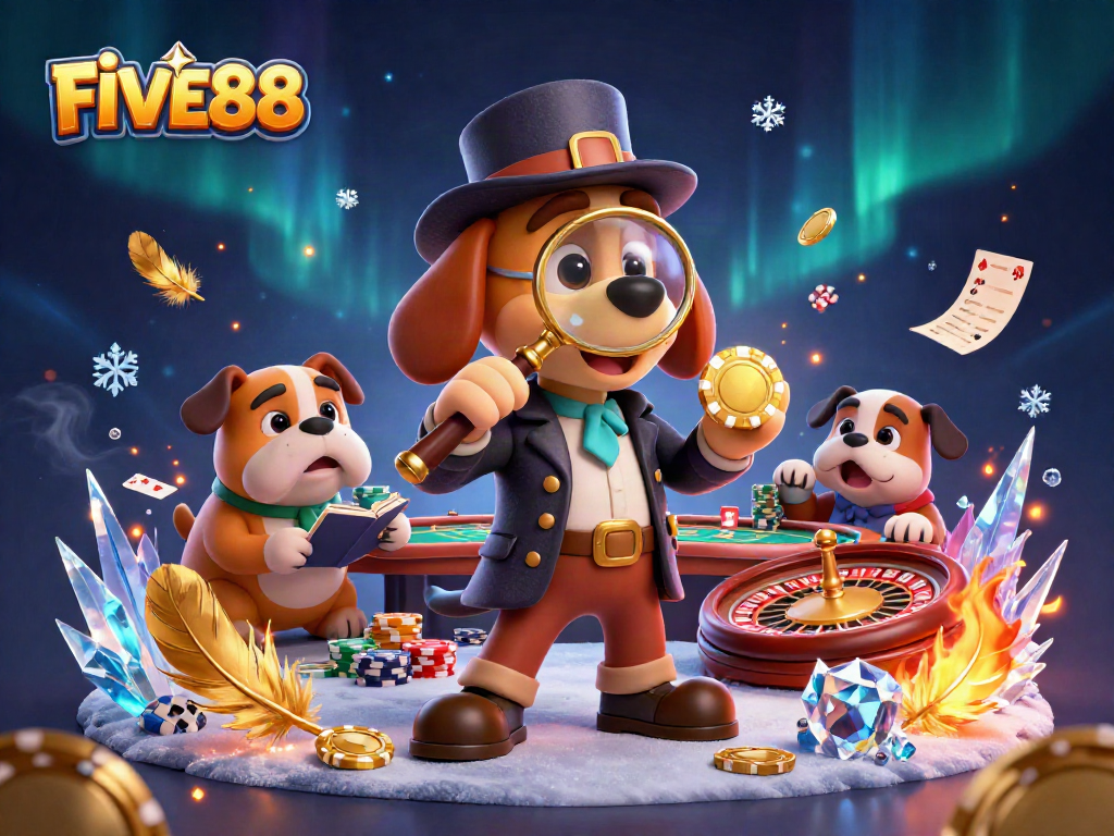 Engage in the thrilling world of FIVE88 with a detective uncovering poker clues and intense game action.