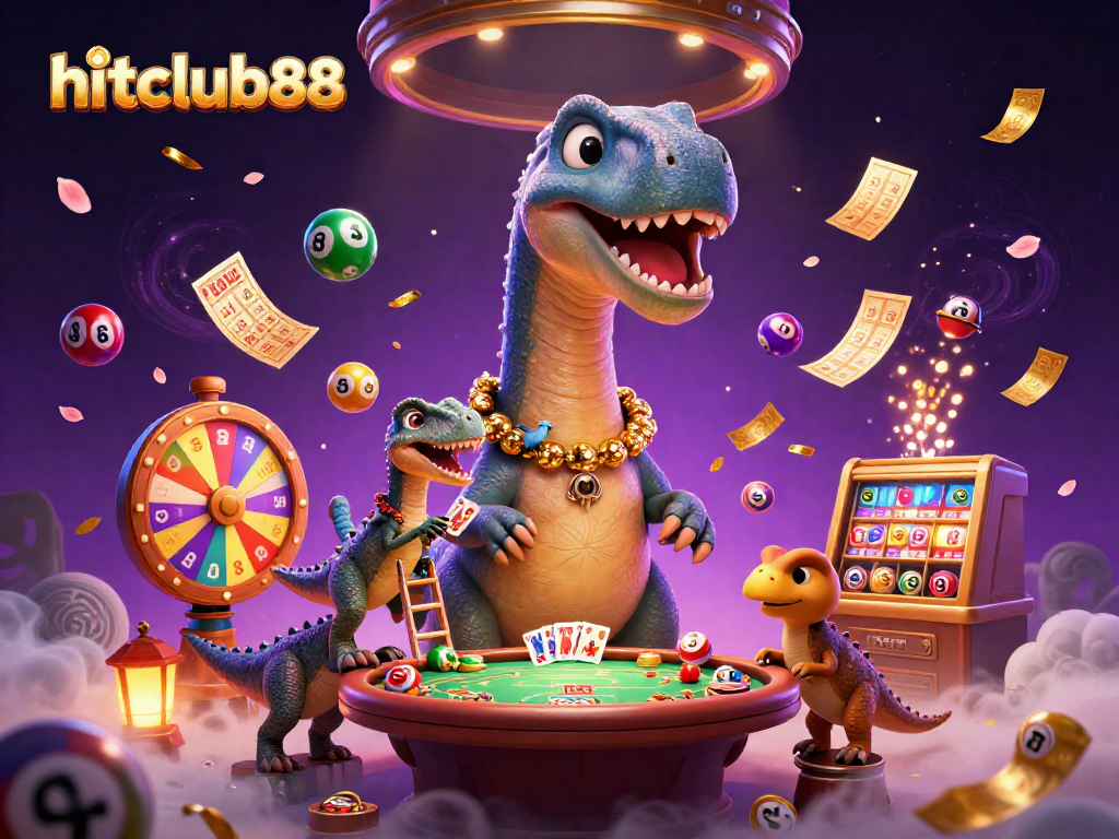 Join the excitement of hitclub88 with a fantastical casino scene featuring playful dinosaurs dealing cards.