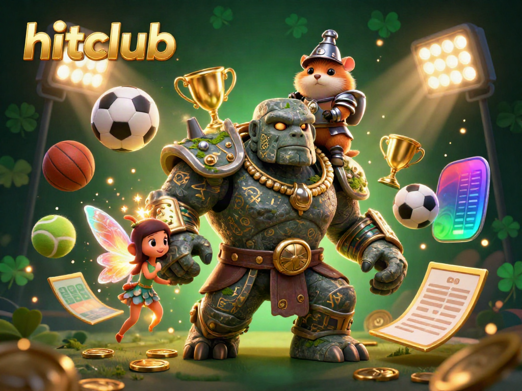 Experience hitclub's gaming excitement with a lively scene featuring a magical stone golem and fantasy characters.