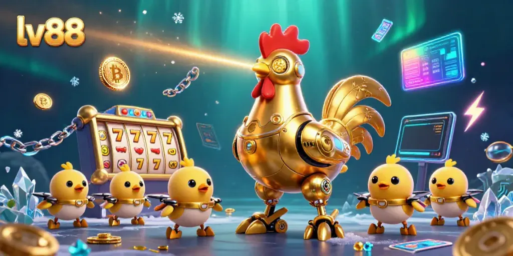 Engage with lv88's vibrant casino scene featuring a golden rooster robot and baby chick drones.