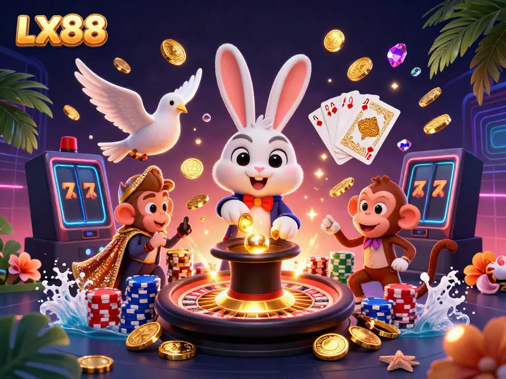 LX88's exciting magical casino adventure with characters pulling coins and stacking poker chips.