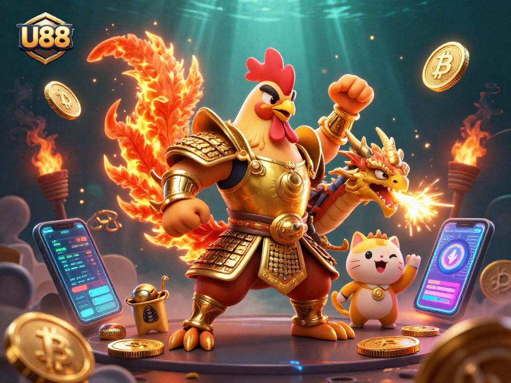 Engage with U88's thrilling gaming experience featuring a fighting rooster and dragon amidst a vibrant casino scene.