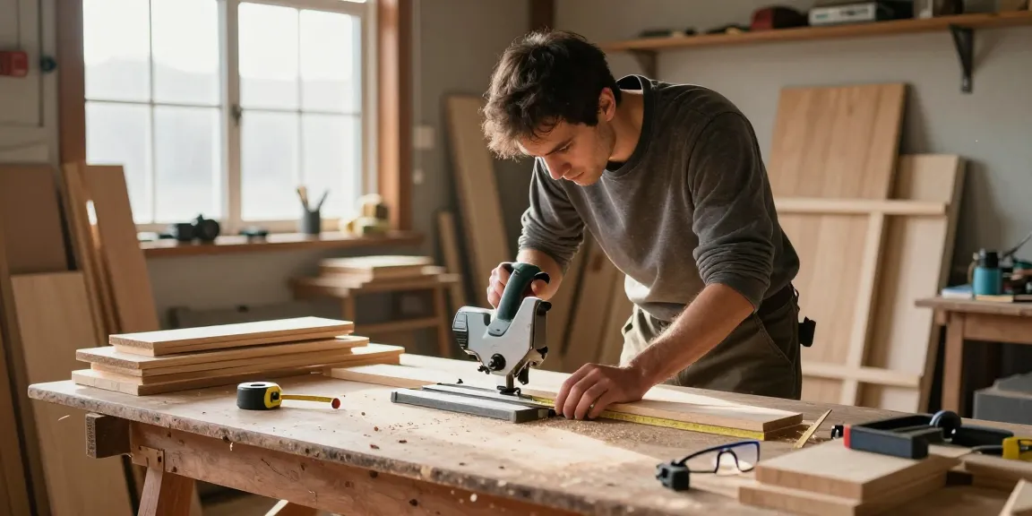 Carpenter using a hand mitre saw in a sunlit workshop, showcasing woodworking skills.