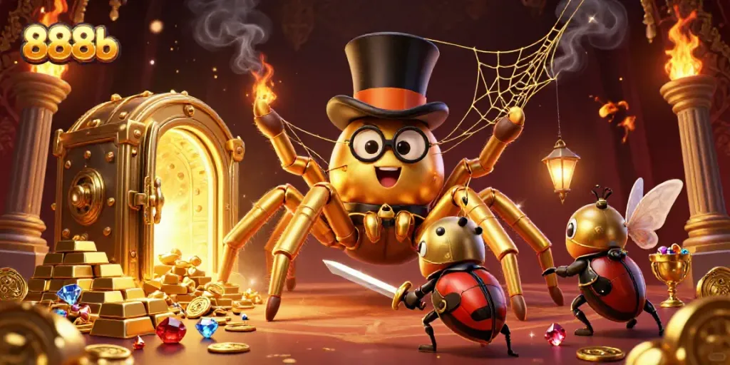Engage with 888b's lavish casino scene featuring a golden tarantula and beetle knight amidst treasure.