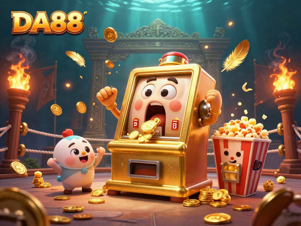 DA88 slot machine hits jackpot, sending coins flying amidst cheering characters and vibrant casino elements.