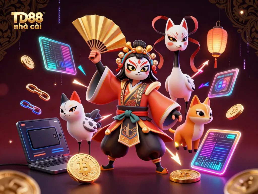 Engage with TD88 nhà cái in this dynamic 3D casino illustration featuring traditional elements and cryptocurrency.