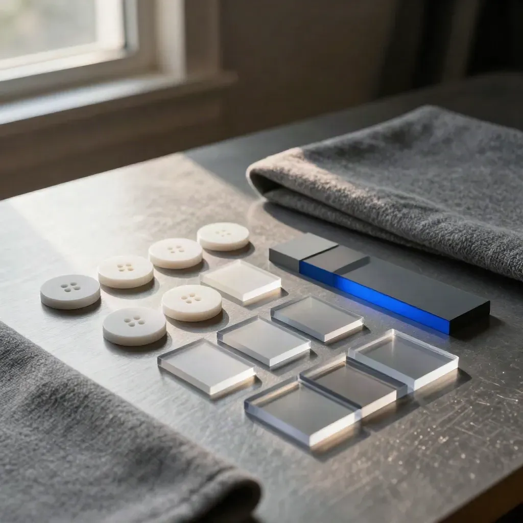 Aligned UI component mockups on a pewter workbench with soft fabric and blue rim light.