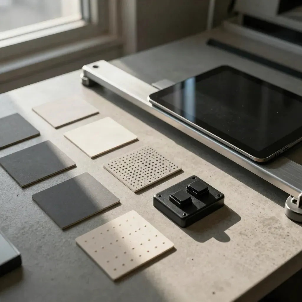 Accessibility testing bench with contrast cards, tactile dots and an angled tablet