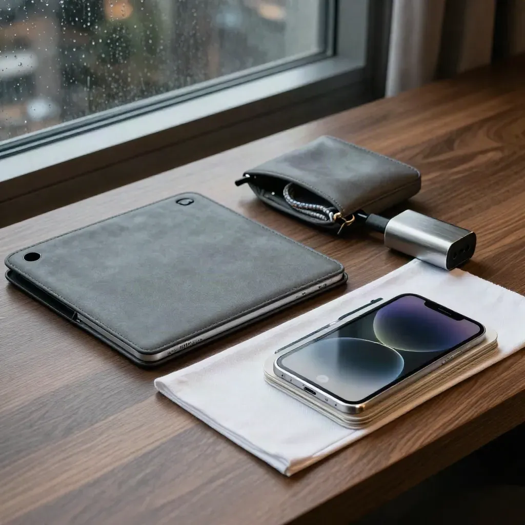 Hotel desk with iPad folio, cable pouch, adapter and mockups mid-pack beside a rain-lit window.
