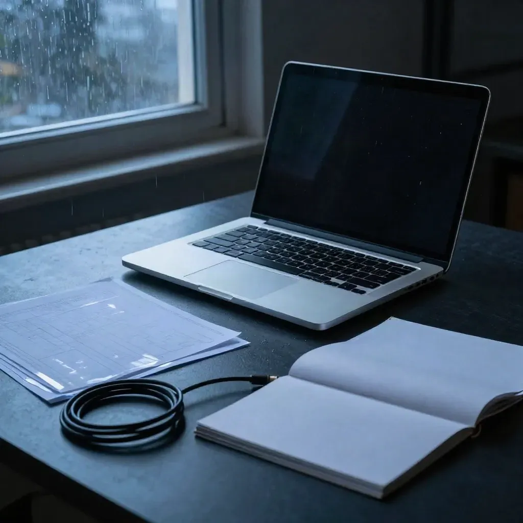 Rain-wet design workstation with laptop, layout sheets, keyboard and sample boards in blue dusk