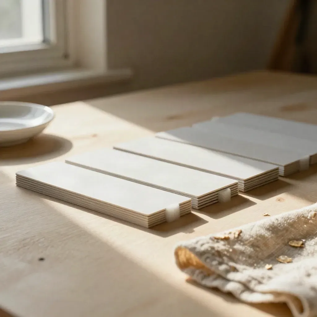 Spacing study on pale wood with card blocks, foam spacers, ceramic dish and folded linen cloth
