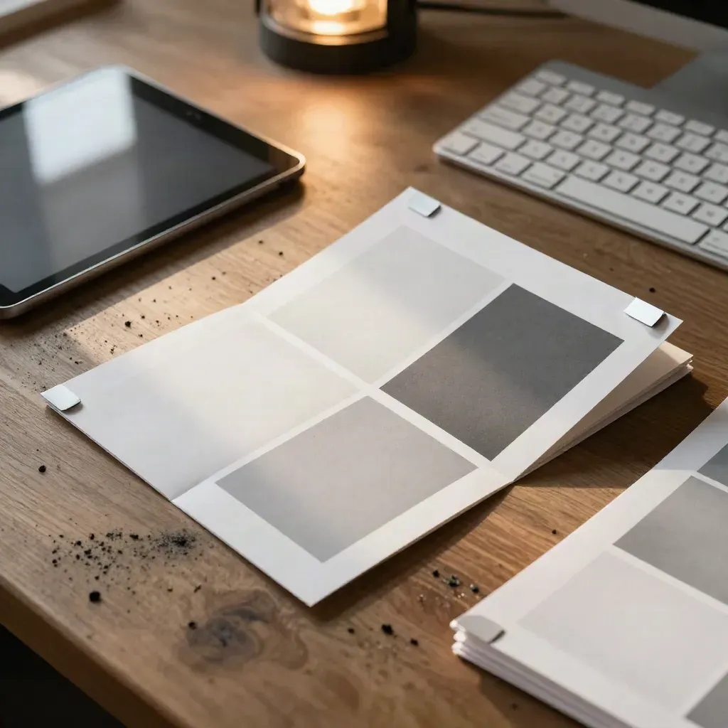 Paper UI mockups, tablet, and small keyboard on a walnut workshop table in warm sunlight